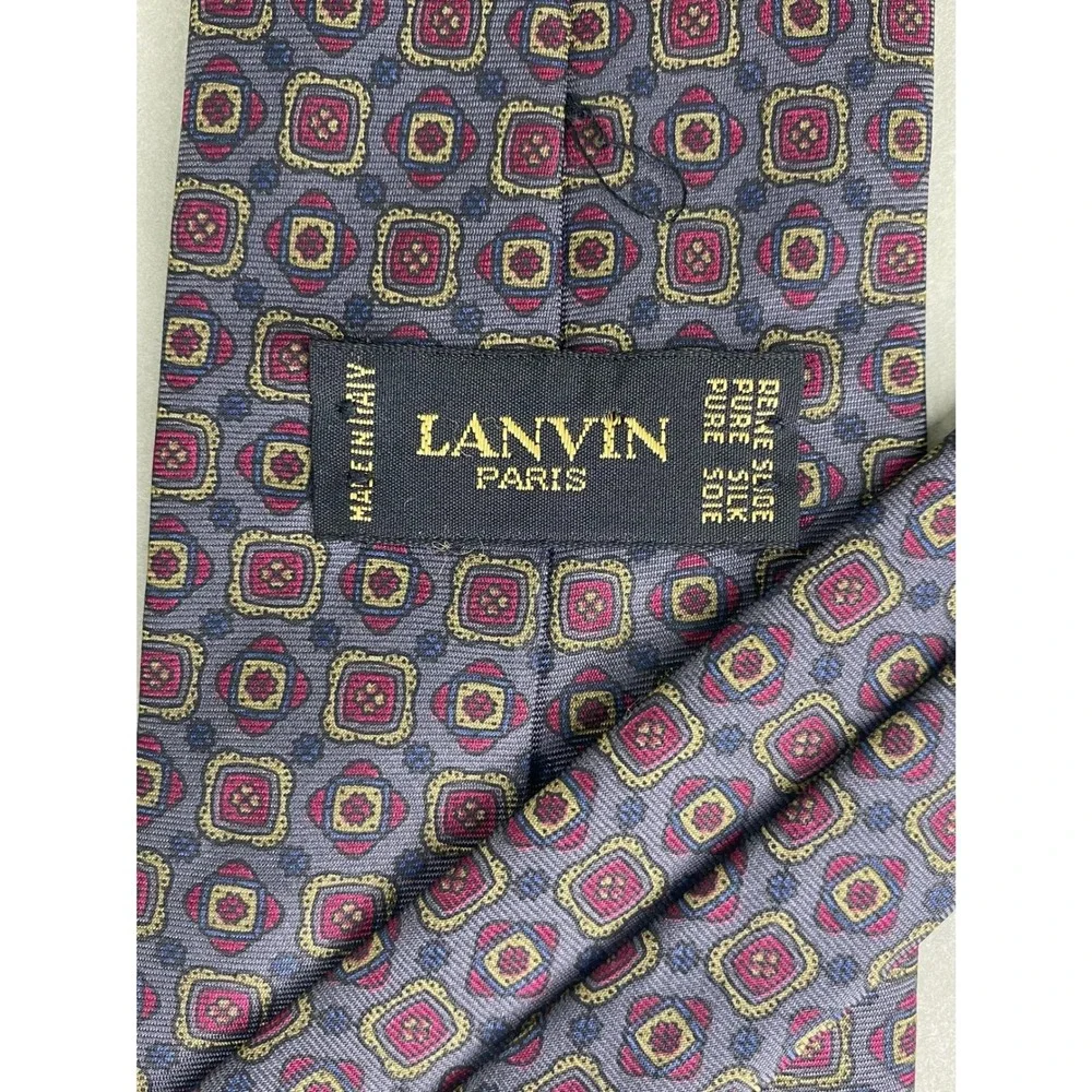 Lanvin Mens‎ Silk Tie Grey Burgundy Geometric Medallion Italy Luxury 59x3.5